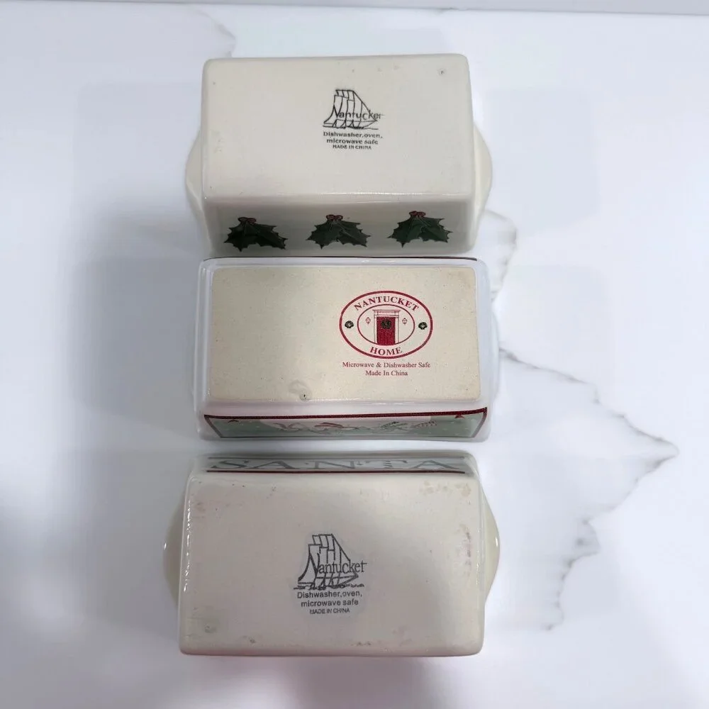 Nantucket Set of 3 Ceramic Mini Bread Loaf Pans SANTA Snowmen Holly Holiday 5x3